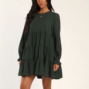 Lulu's Adorable Days Hunter Green Tiered Long Sleeve Babydoll Dress NWT